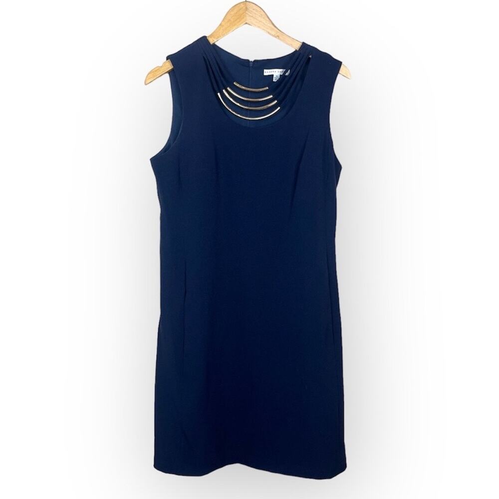 SANDRA DARREN Navy Sheath Dress 10 Medium EUC Gold Tone Detail Cocktail Pockets